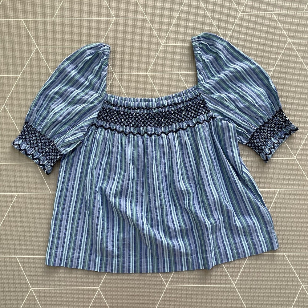 NEW Faherty Presley‎ Top M Puff Sleeve Seersucker Blue Boho Cottagecore